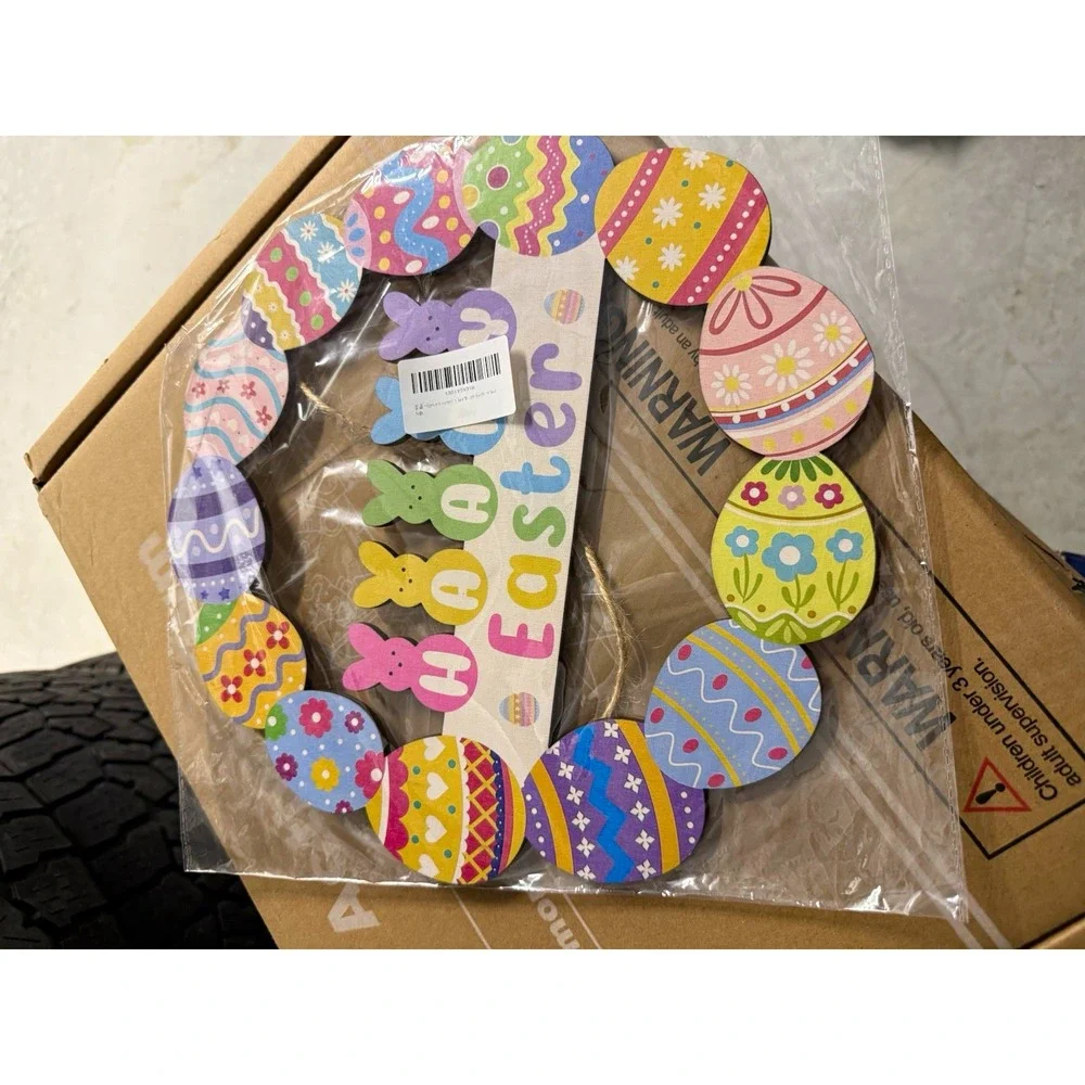 Easter Artificial Wood Multicolor Egg Cutout Wreath Door Decoration, Theme